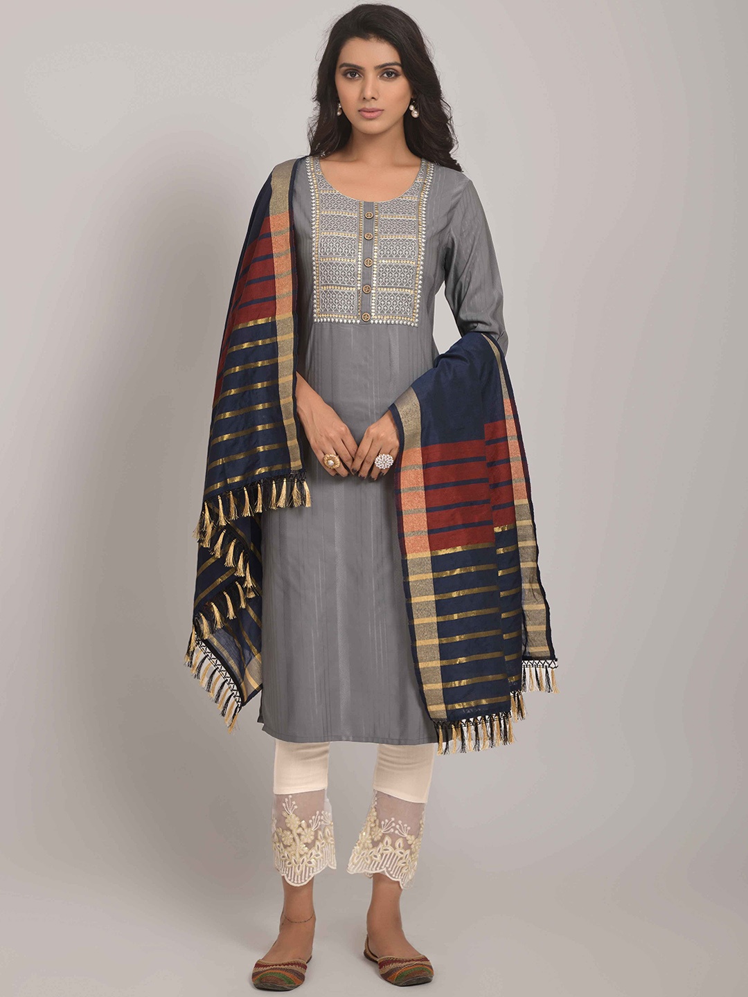 

Happy Design Ethnic Motifs Yoke Design Thread Work Sequined Kurta with Trousers & Dupatta, Grey