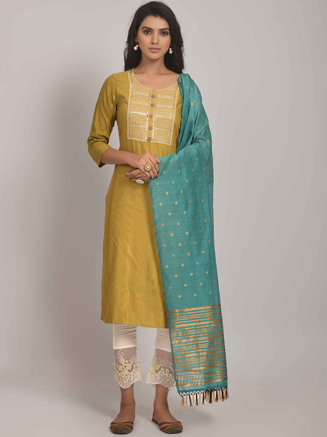 

Happy Design Ethnic Motifs Yoke Design Thread Work Sequined Kurta with Trousers & Dupatta, Mustard