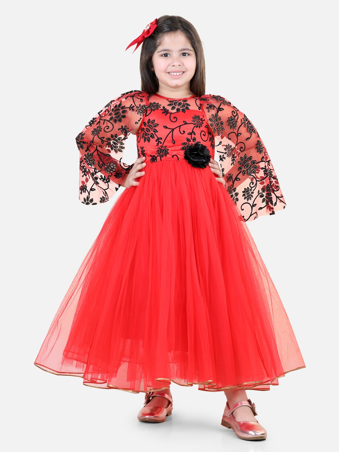 

Toy Balloon kids Girls Floral Embroidered Flared Sleeves Corsage Detailed Gown Dress, Red