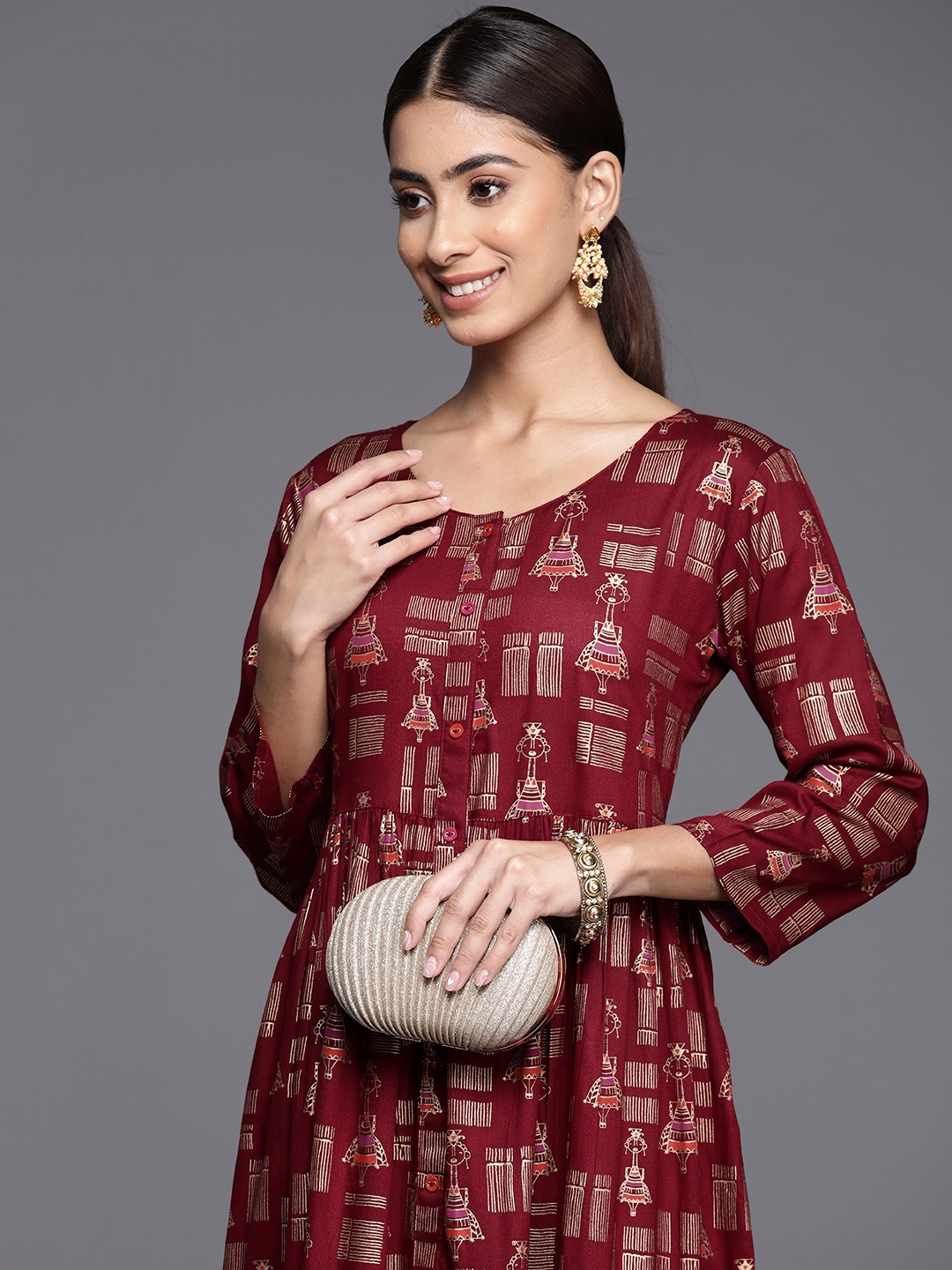 

Varanga Round Neck Ethnic Motifs Printed A-Line Midi Dress, Maroon