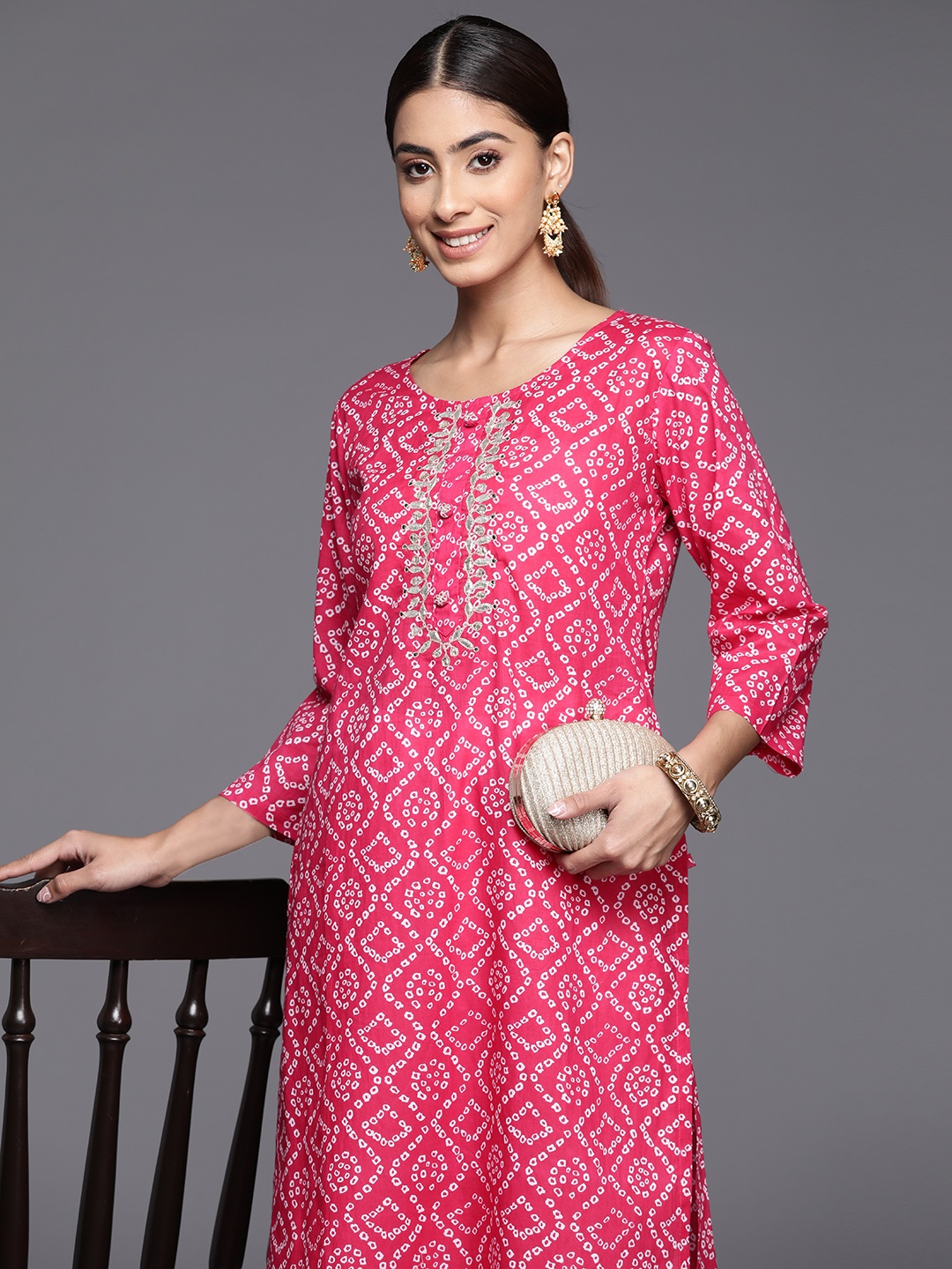 

Varanga Bandhani Printed Gotta Patti Pure Cotton Kurta, Fuchsia