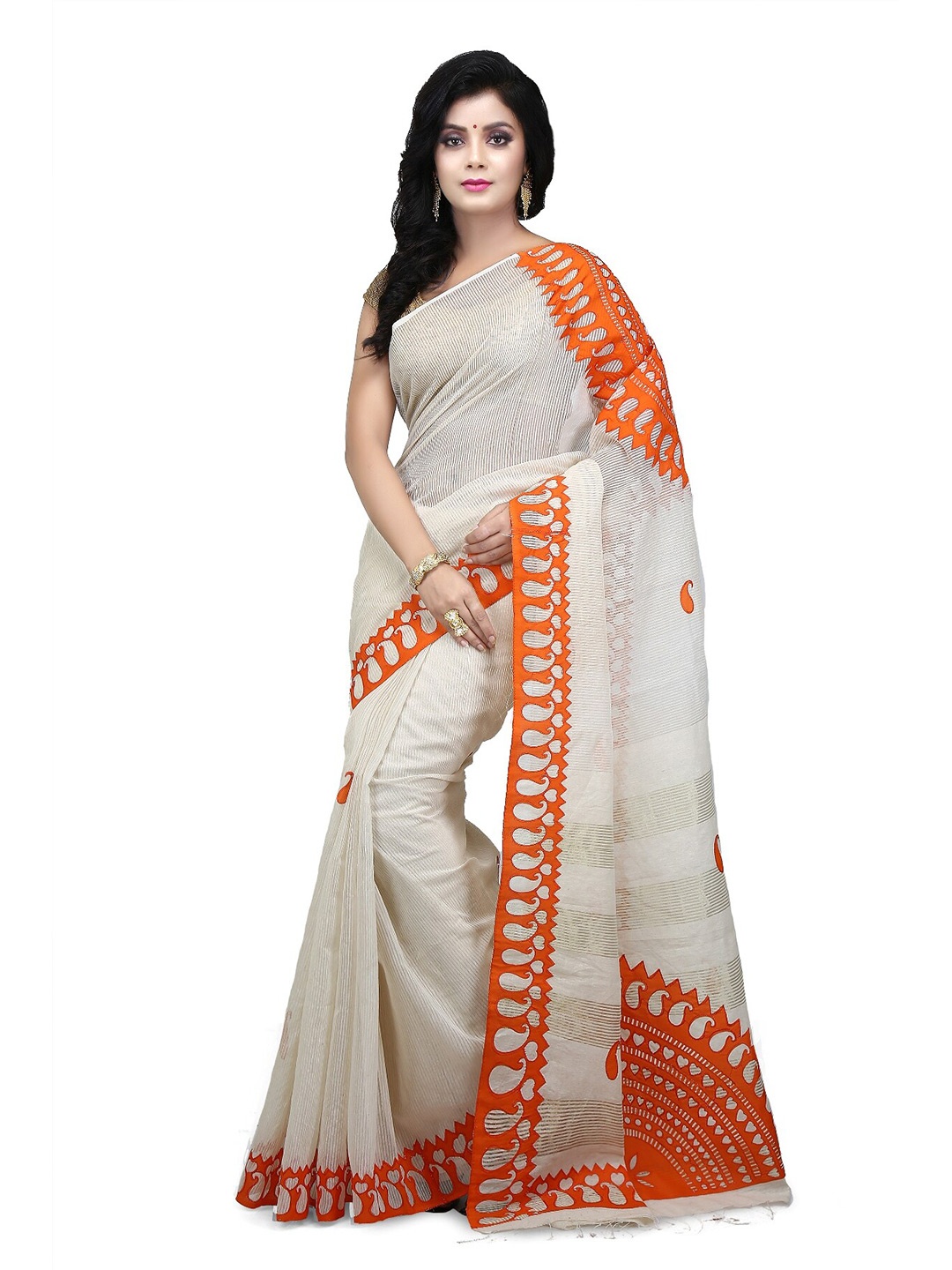 

WoodenTant Striped Woven Design Pure Cotton Saree, White
