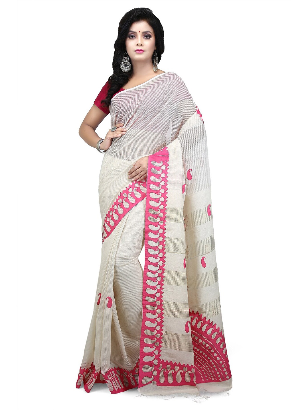 

WoodenTant Striped Woven Design Pure Cotton Saree, White