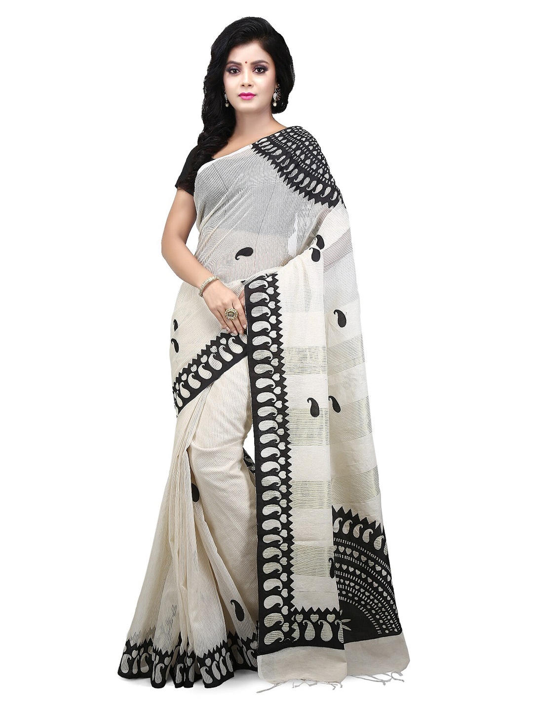 

WoodenTant Striped Woven Design Pure Cotton Saree, White