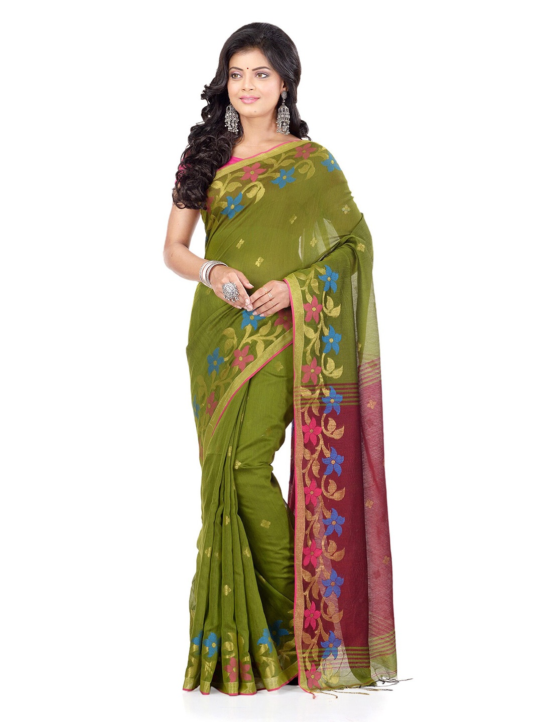 

WoodenTant Floral Woven Design Zari Silk Cotton Saree, Green