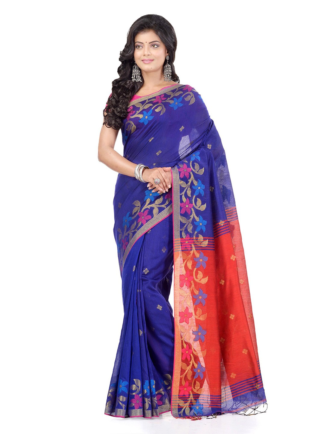 

WoodenTant Floral Woven Design Zari Silk Cotton Saree, Blue