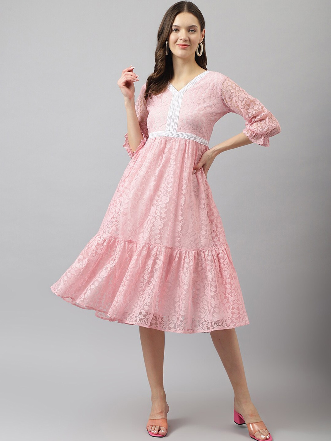 

BAESD Floral Self Design V-Neck Fit and Flare Midi Dress, Pink