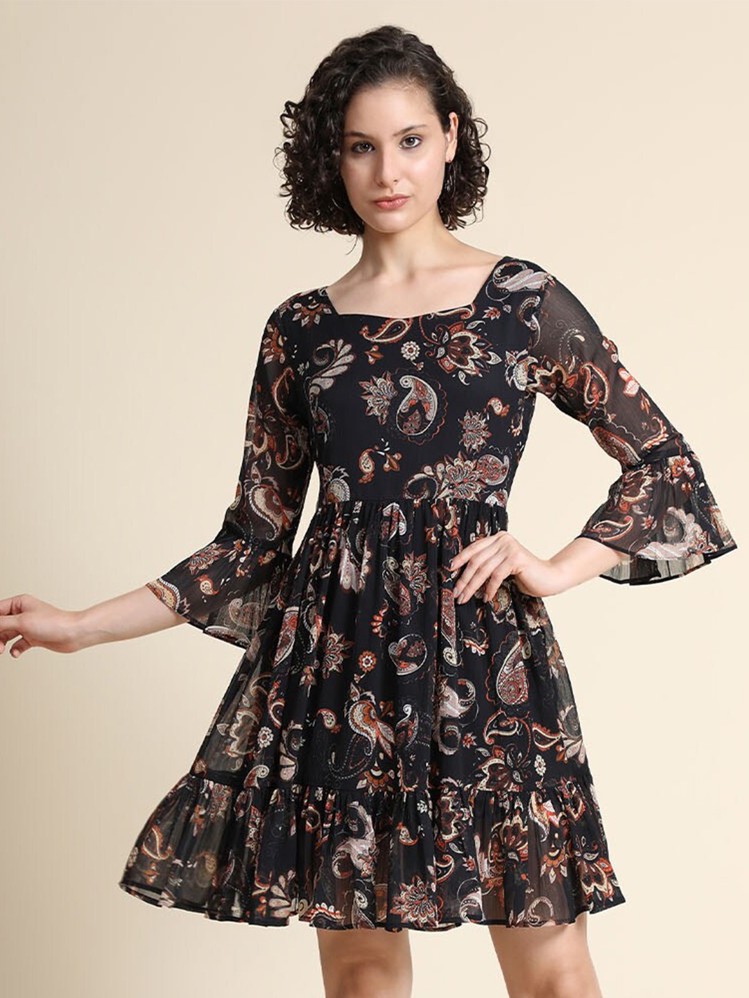 

BAESD Paisley Printed Square Neck Bell Sleeve Fit & Flare Dress, Black