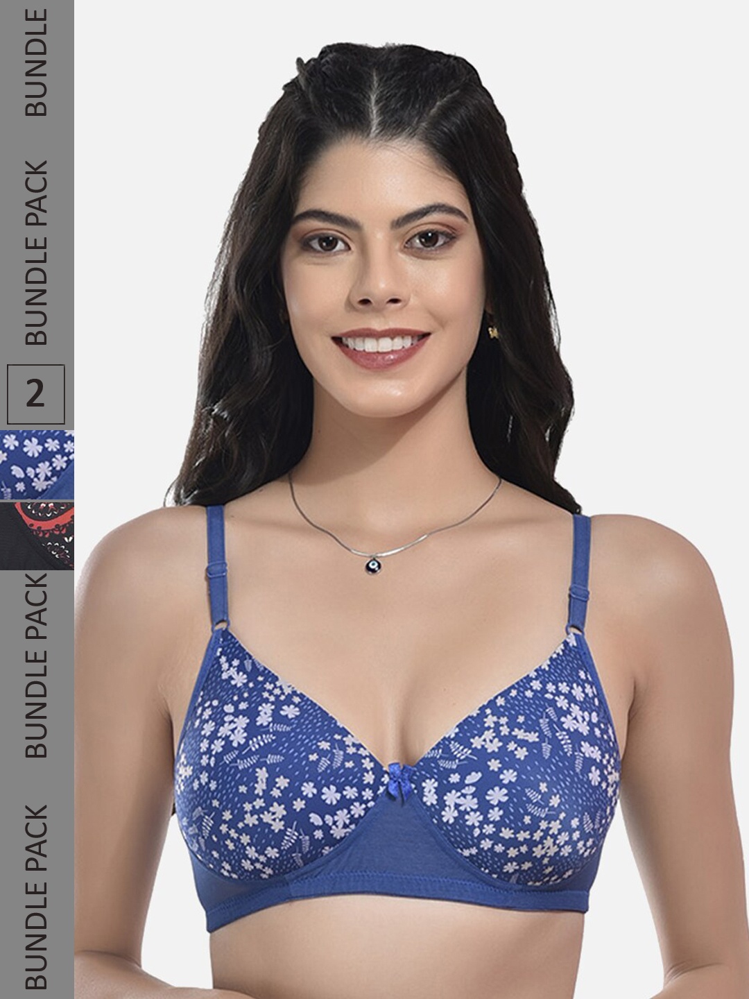 

StyFun Pack Of 2 Floral Non-wired Lightly Padded Seamless Every Day Bra All Day Comfort, Blue