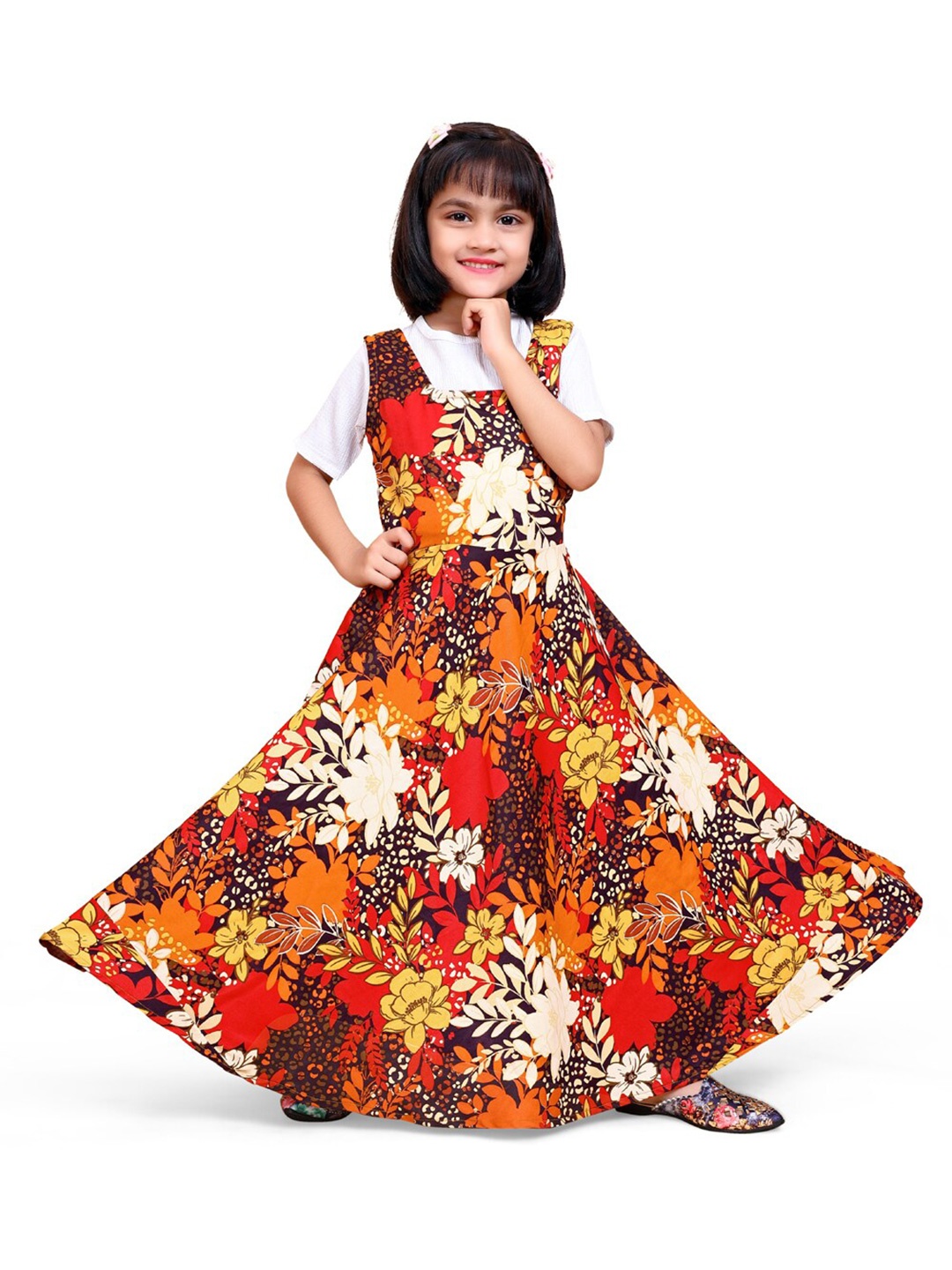 

BAESD Floral Printed Square Neck Pure Cotton Fit & Flare Maxi Dress, Orange