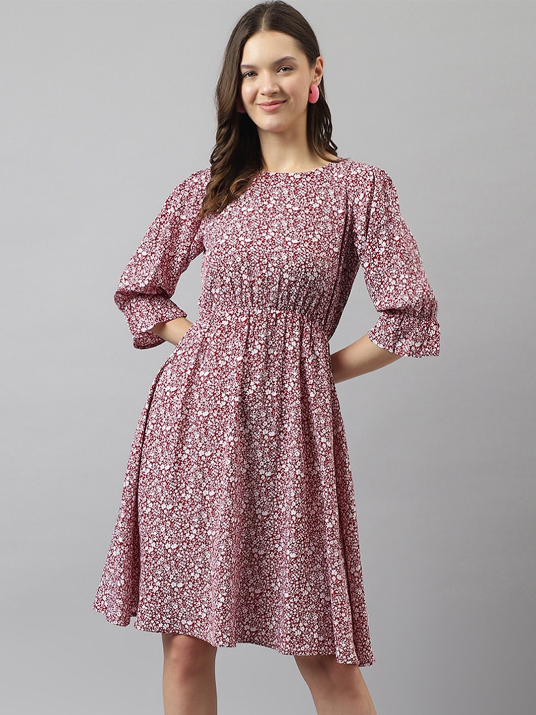 

BAESD Floral Printed Round Neck Fit & Flare Dress, Maroon