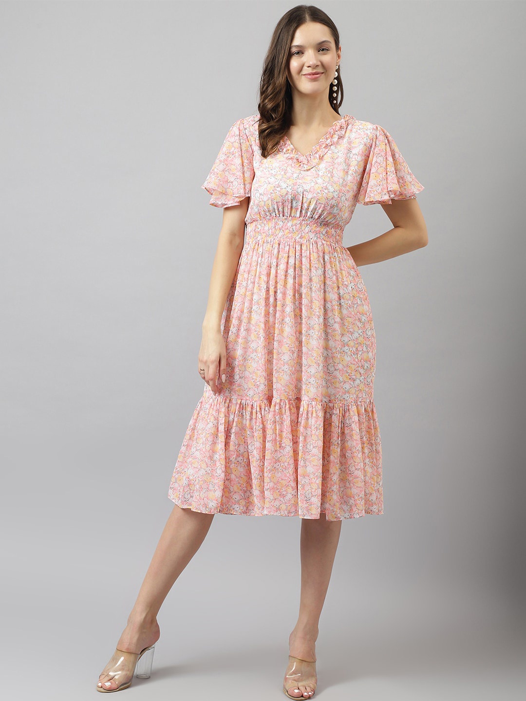 

BAESD Floral Printed V-Neck Flared Sleeve Smocked Fit & Flare Midi Dress, Peach