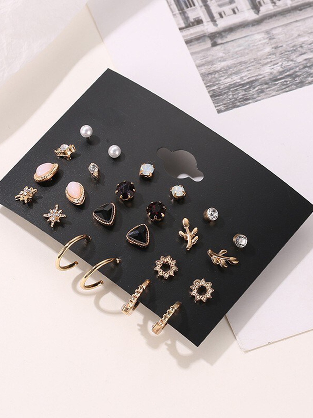 

The Pari Set Of 12 Gold-Plated Stone Studded Studs Earrings