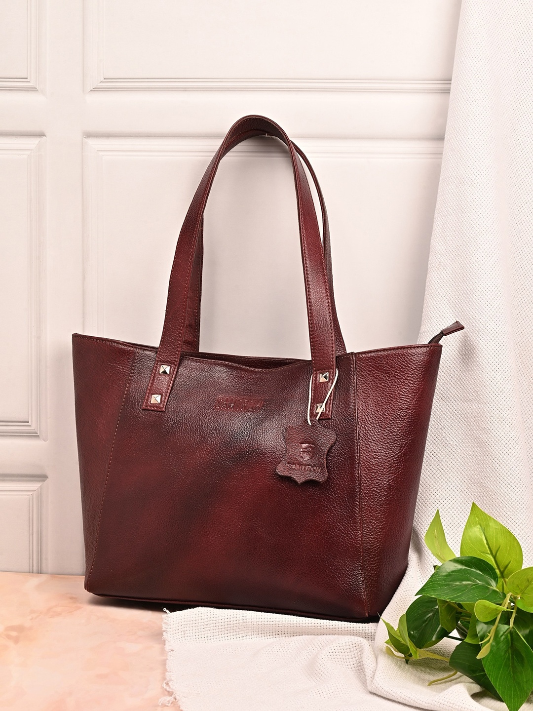 

SAMTROH Textured Leather Structured Tote Bag, Brown