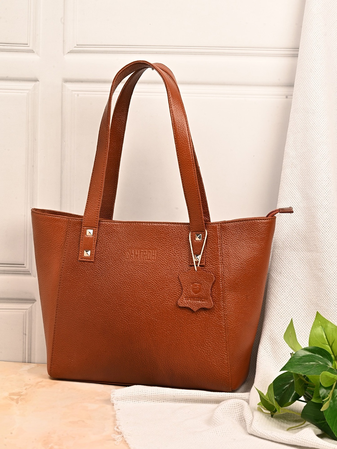 

SAMTROH Textured Leather Structured Tote Bag, Tan