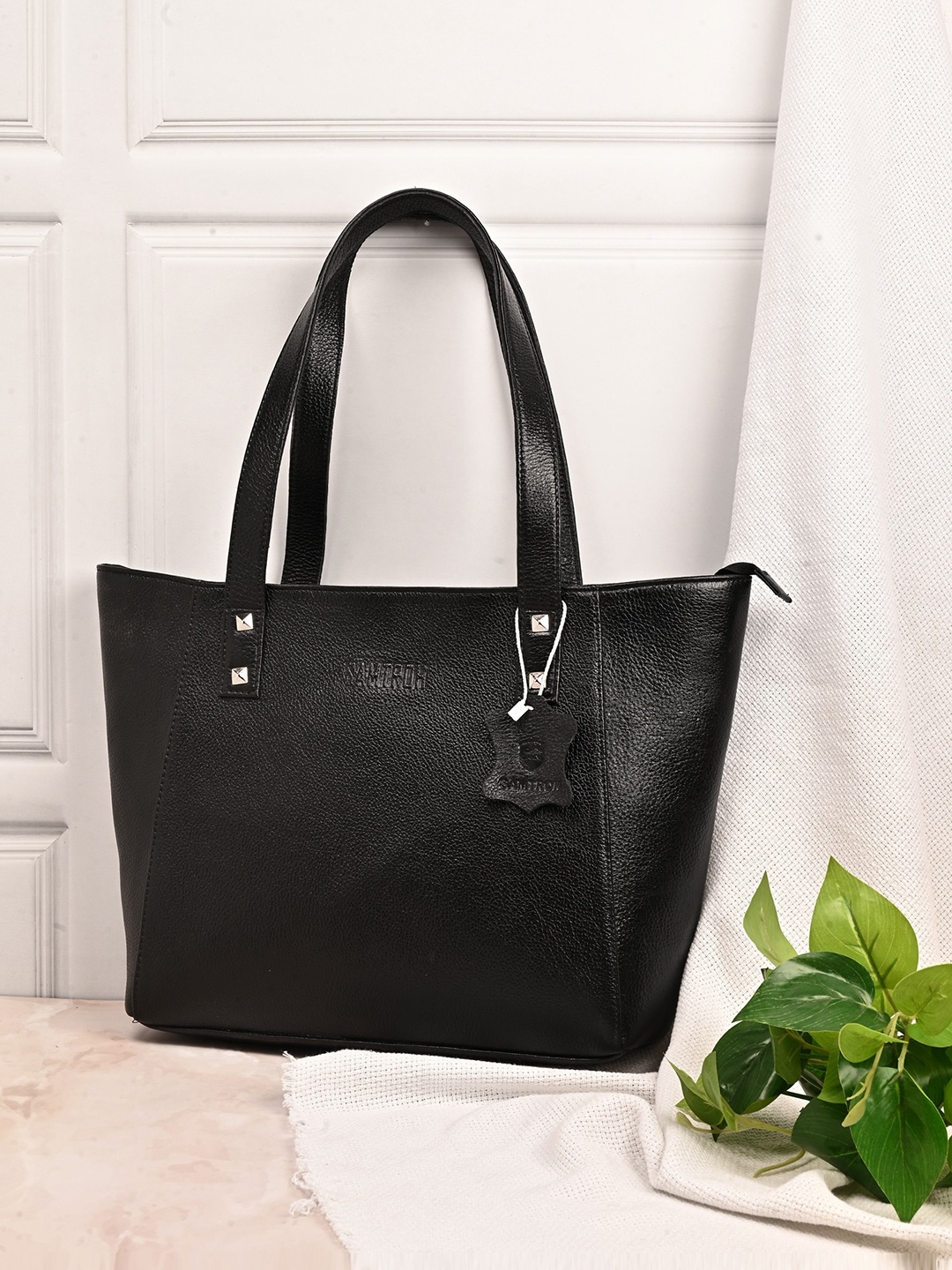 

SAMTROH Textured Leather Structured Tote Bag, Black