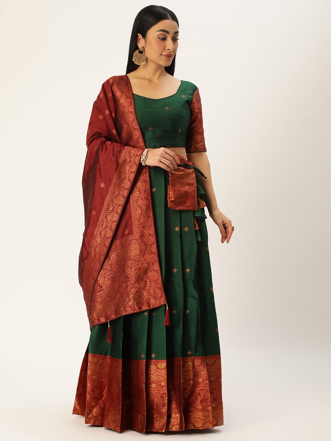 

Fabcartz Woven Design Semi-Stitched Lehenga & Unstitched Blouse With Dupatta, Green