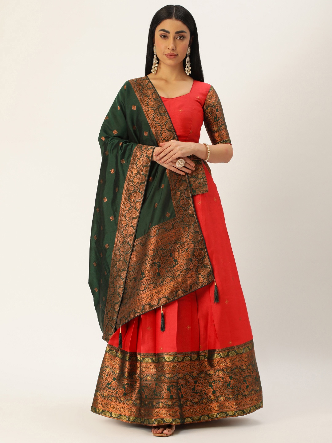 

Fabcartz Woven Design Zari Unstitched Lehenga & Blouse With Dupatta, Red