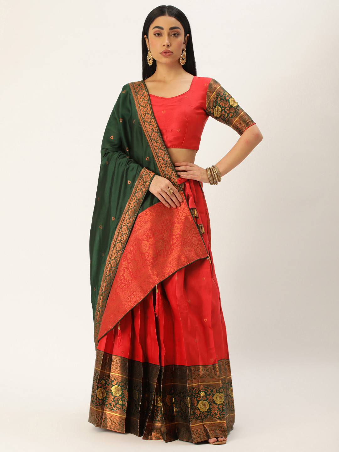 

Fabcartz Woven Design Zari Unstitched Lehenga & Blouse With Dupatta, Red
