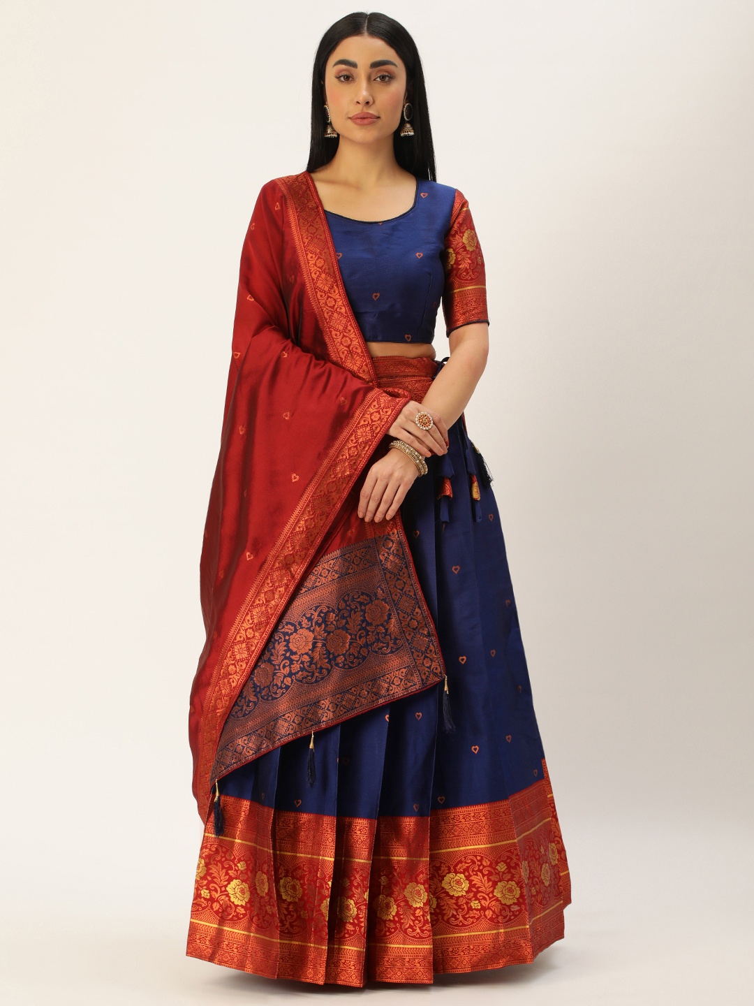 

Fabcartz Woven Design Zari Unstitched Lehenga & Blouse With Dupatta, Navy blue