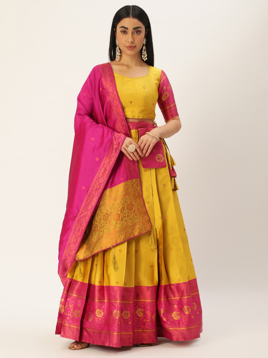 

Fabcartz Woven Design Zari Unstitched Lehenga & Blouse With Dupatta, Yellow