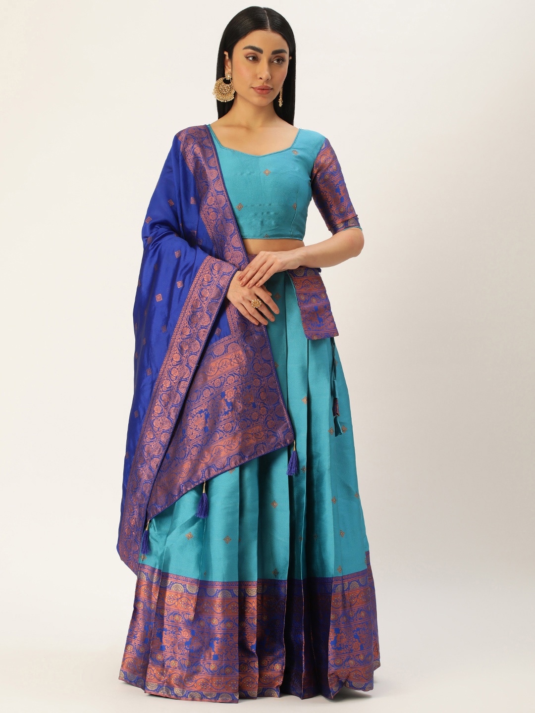 

Fabcartz Woven Design Semi-Stitched Lehenga & Unstitched Blouse With Dupatta, Turquoise blue