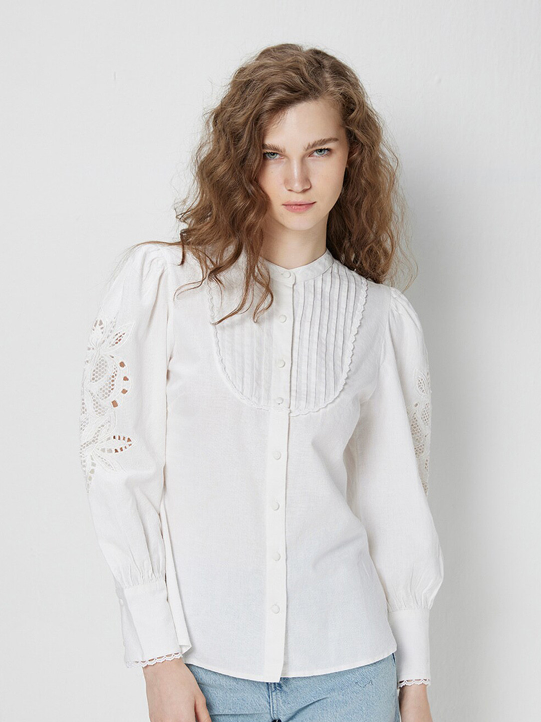 

COVER STORY Band Collar Opaque Cotton Casual Shirt, Off white