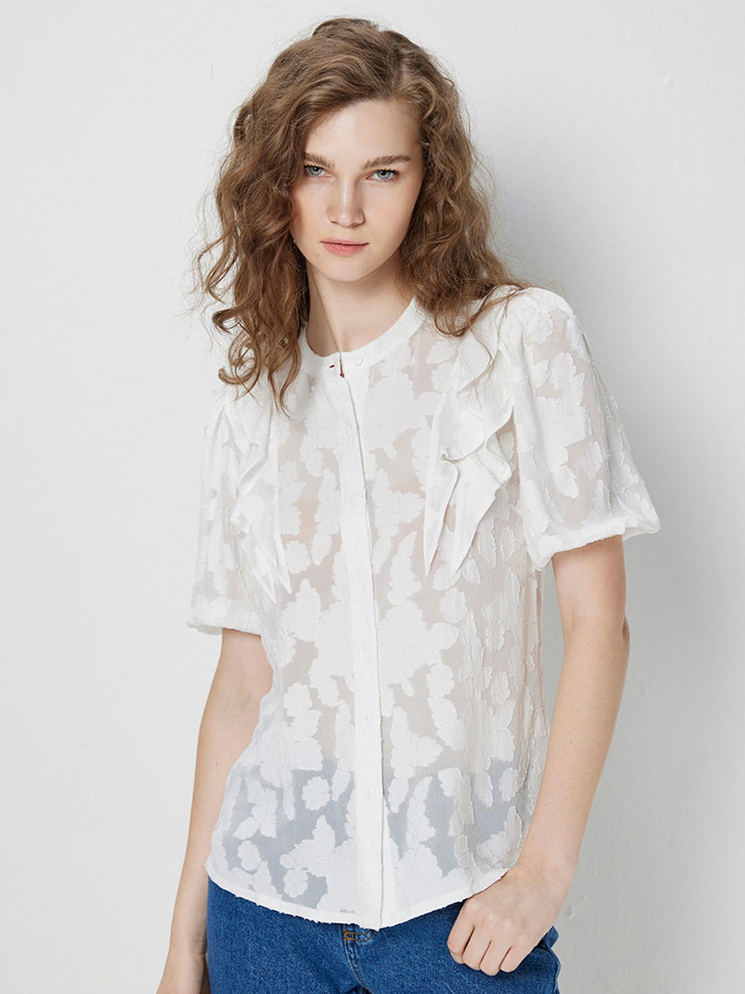 

COVER STORY White Floral Self Design Ruffles Detail Casual Shirt