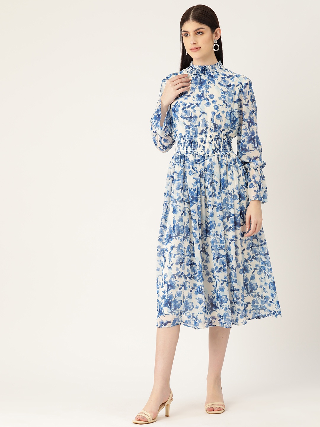 

Deewa Floral Printed Puff Sleeve Georgette Drop-Waist Dress, Blue