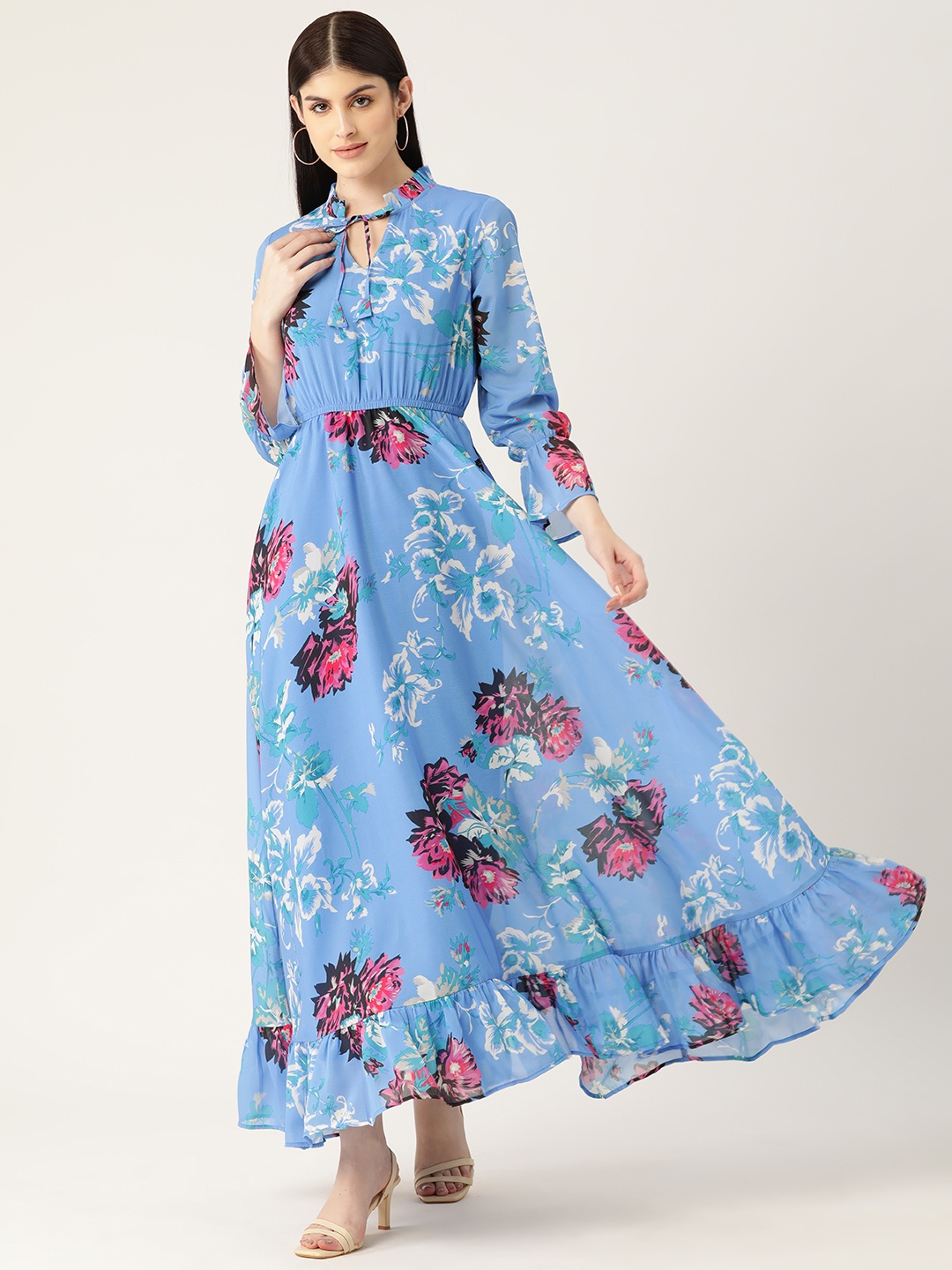 

Deewa Floral Printed Tie-Up Neck Puff Sleeve Georgette Fit & Flare Maxi Dress, Blue