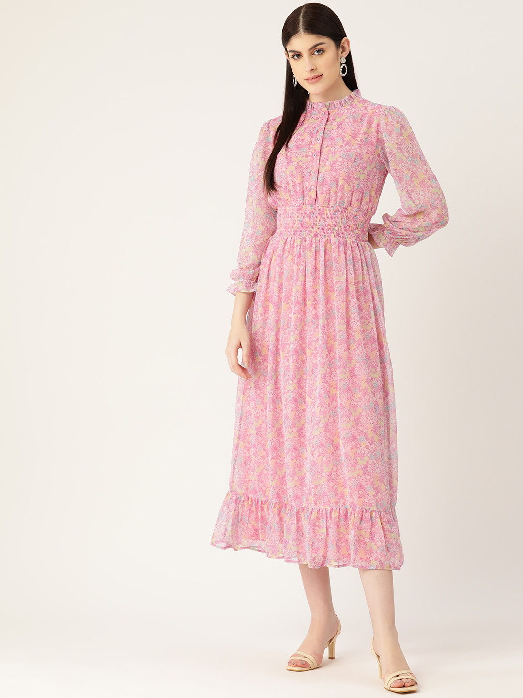 

Deewa Floral Print High Neck Puff Sleeves Georgette Smocked Fit & Flare Midi Dress, Pink