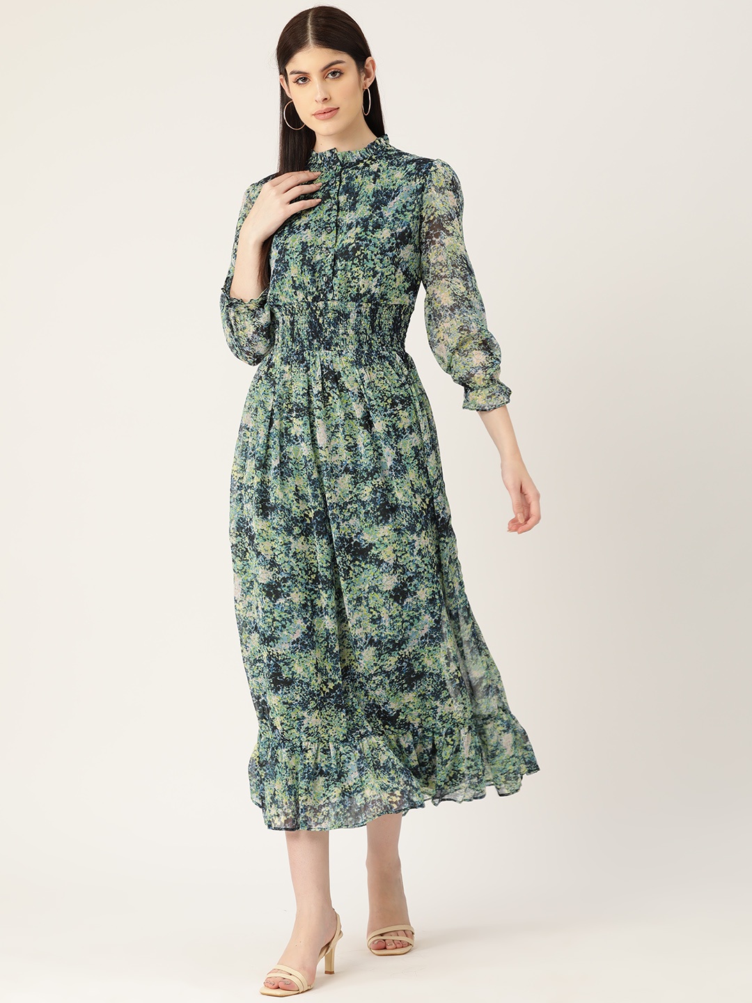 

Deewa Abstract Print Puff Sleeves High Neck Georgette Fit & Flare Midi Dress, Green