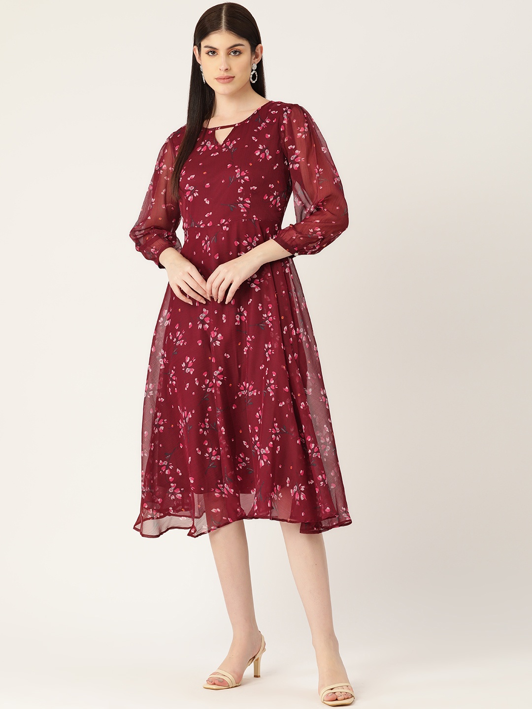 

Deewa Floral Print Keyhole Neck Puff Sleeves Chiffon A-Line Midi Dress, Maroon