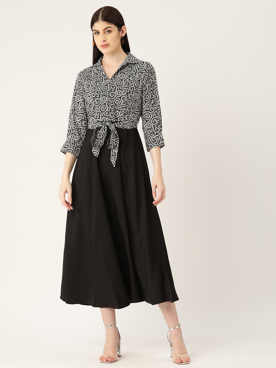 

Deewa Floral Printed Crepe Fit & Flare Midi Dress, Black