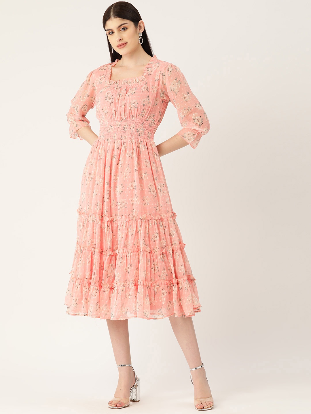 

Deewa Floral Printed Chiffon Fit & Flare Dress, Pink