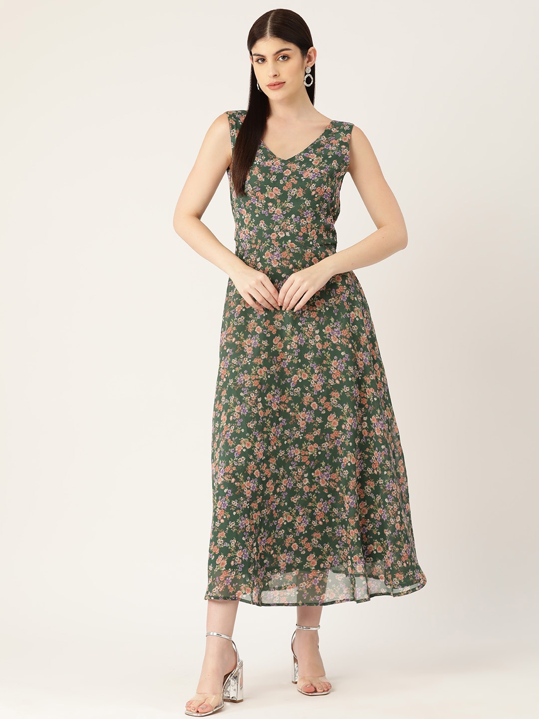 

Deewa Floral Printed Georgette Fit & Flare Maxi Dress, Green