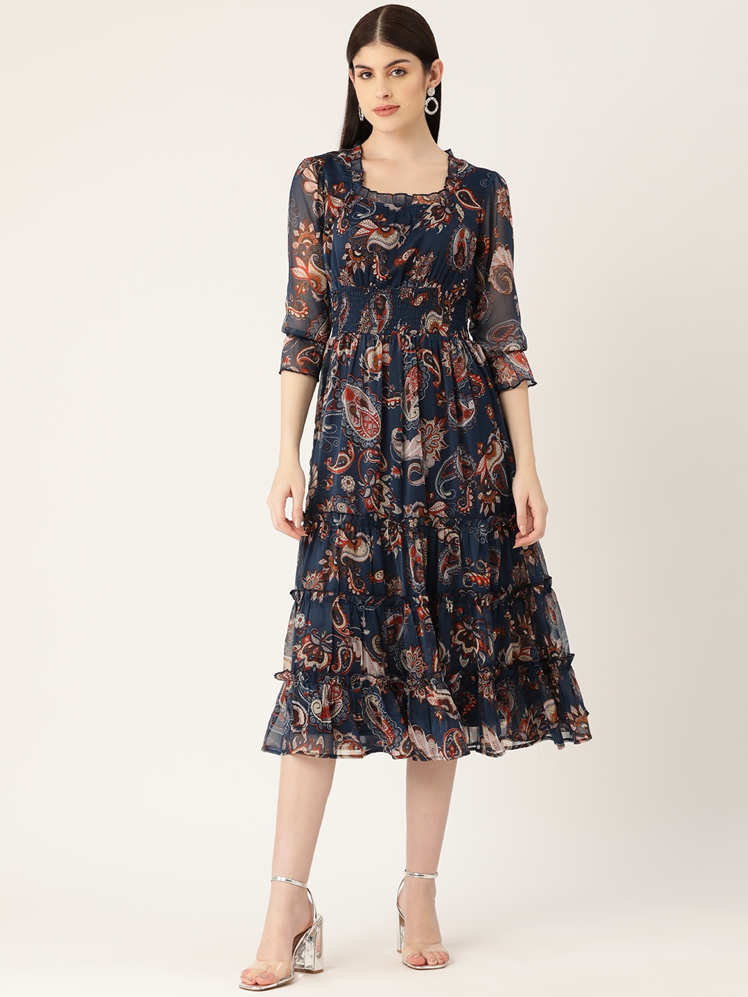 

Deewa Ethnic Motifs Printed Puff Sleeve Chiffon Fit & Flare Dress, Navy blue