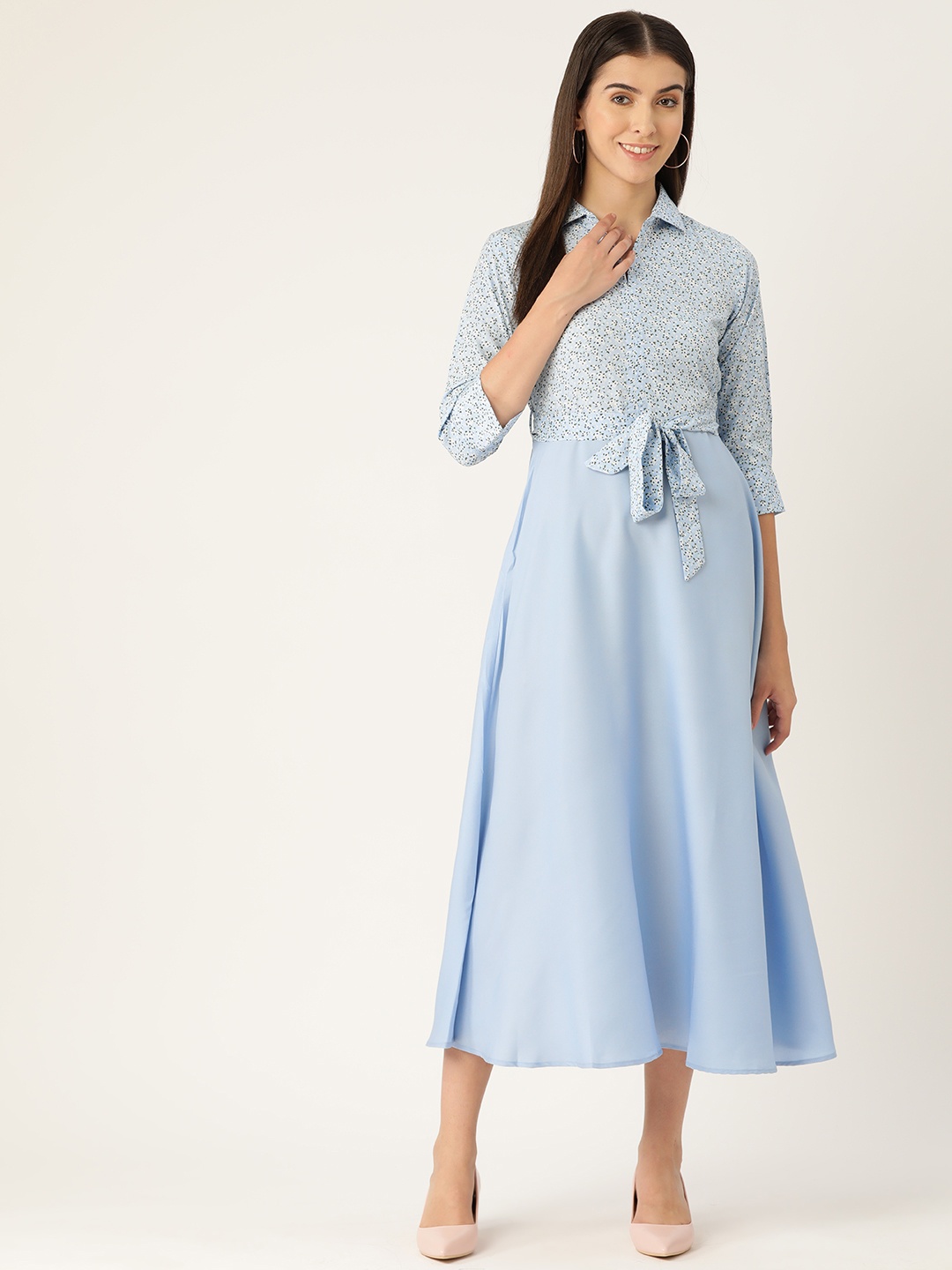 

Deewa Shirt Collar Floral Printed Fit & Flare Belted Maxi Dress, Blue