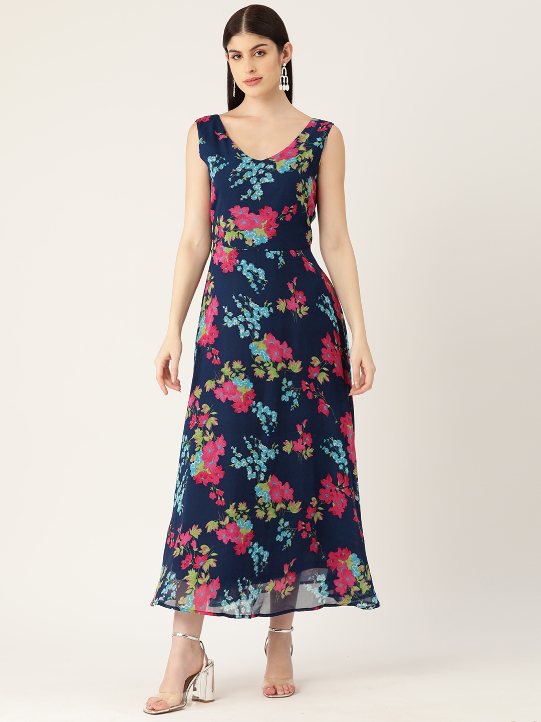 

Deewa V-Neck Floral Printed Fit & Flare Maxi Dress, Navy blue