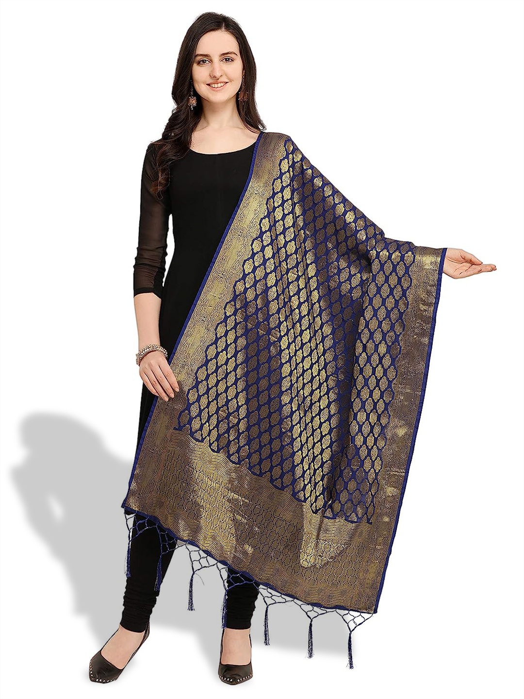 

KALINI Ethnic Motifs Woven Design Dupatta With Zari, Navy blue