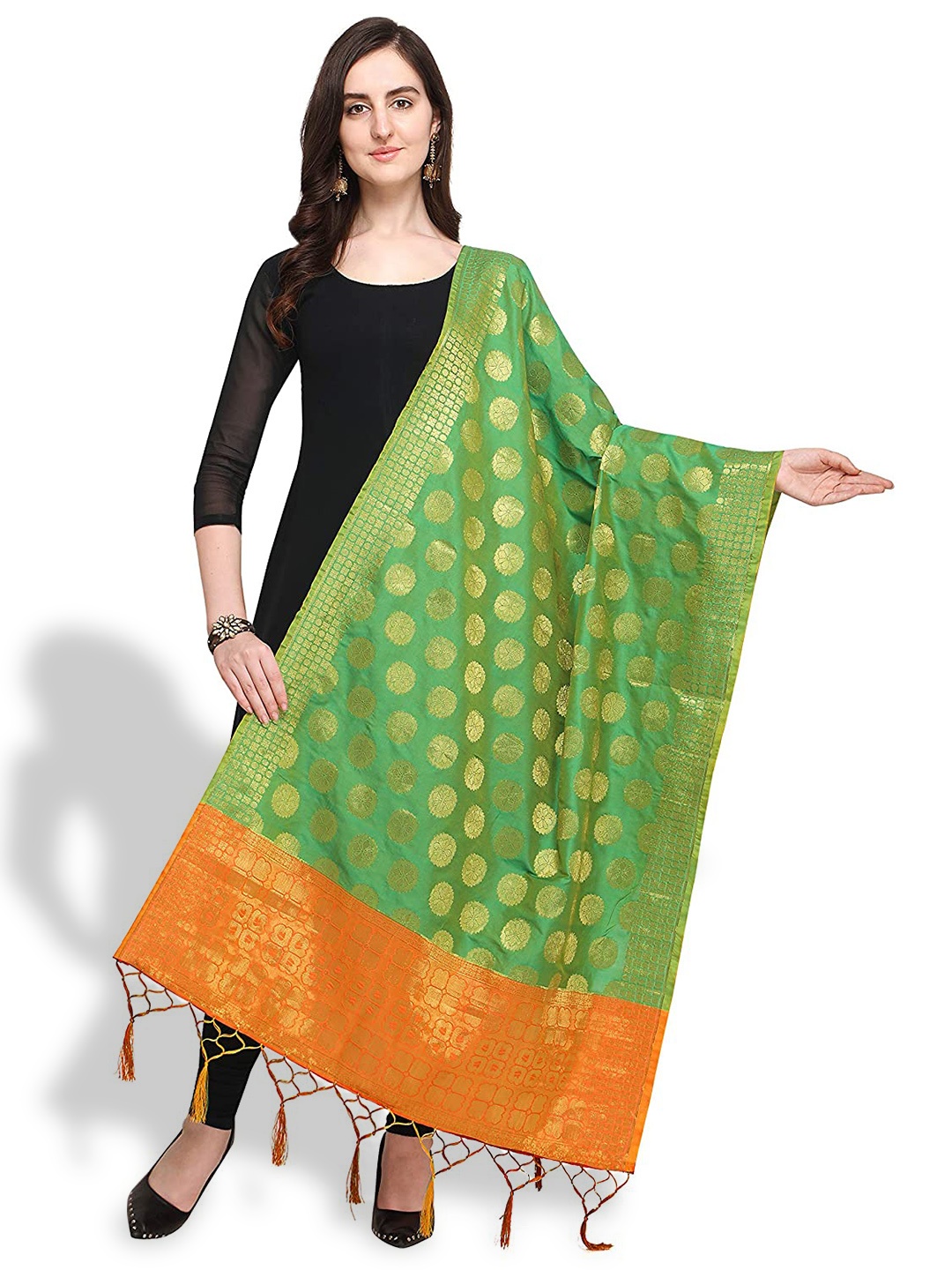 

KALINI Ethnic Motifs Woven Design Dupatta With Zari, Green