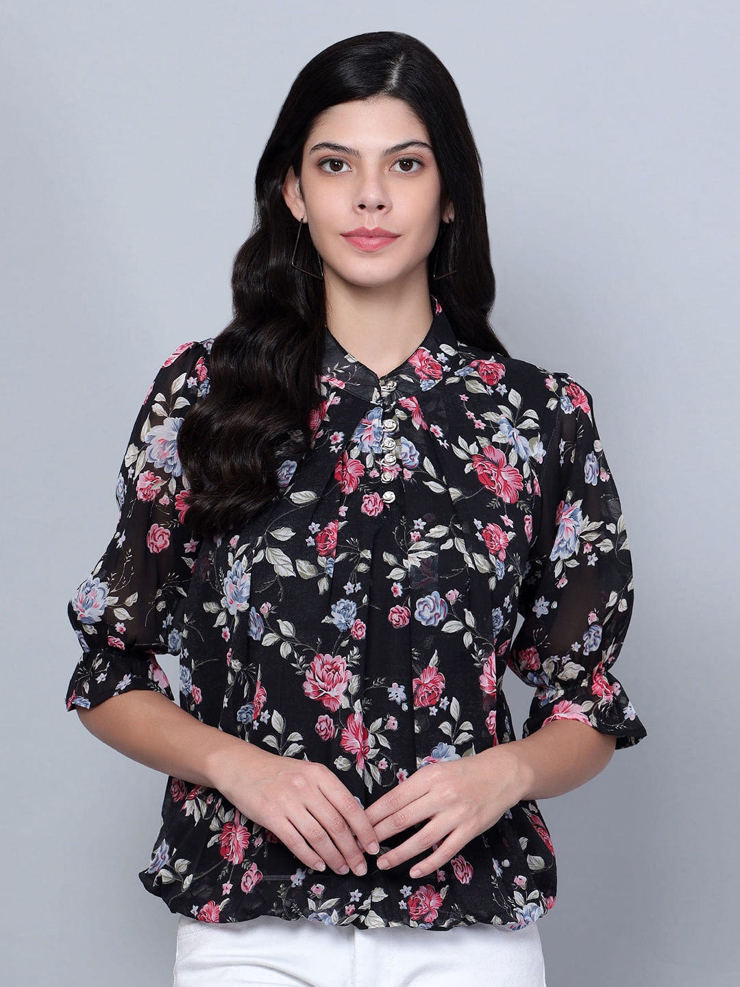 SKY HEIGHTS Floral Print Bell Sleeve Shirt Style Top, Black