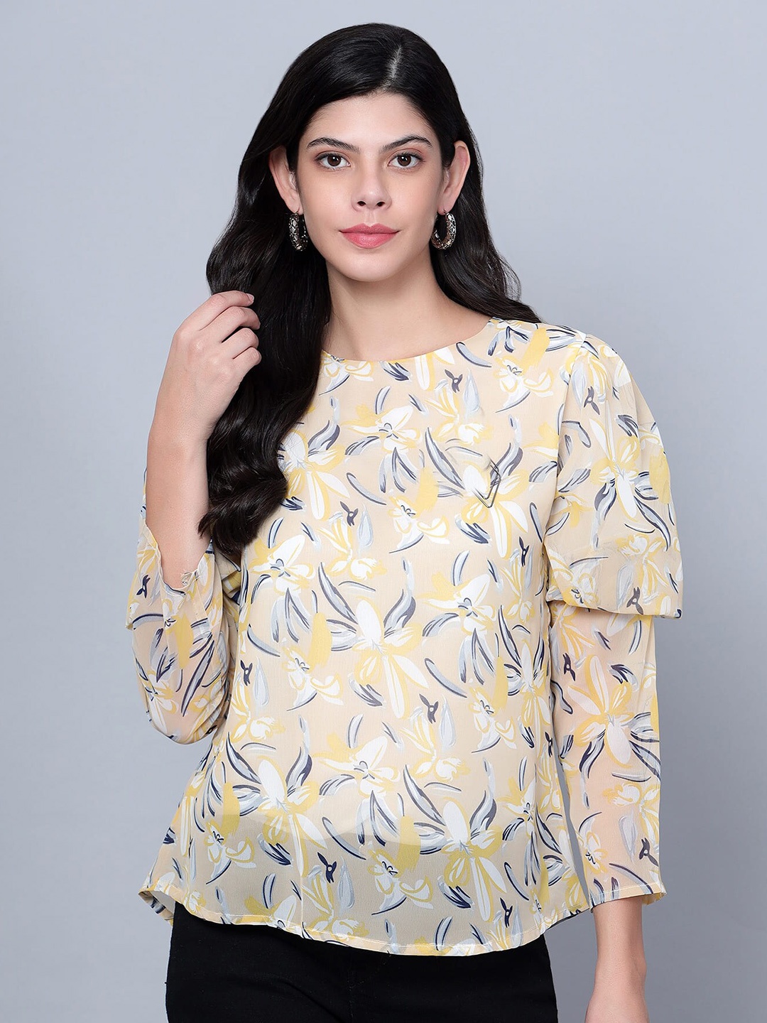 

SKY HEIGHTS Floral Printed Puff Sleeves Georgette Top, Yellow