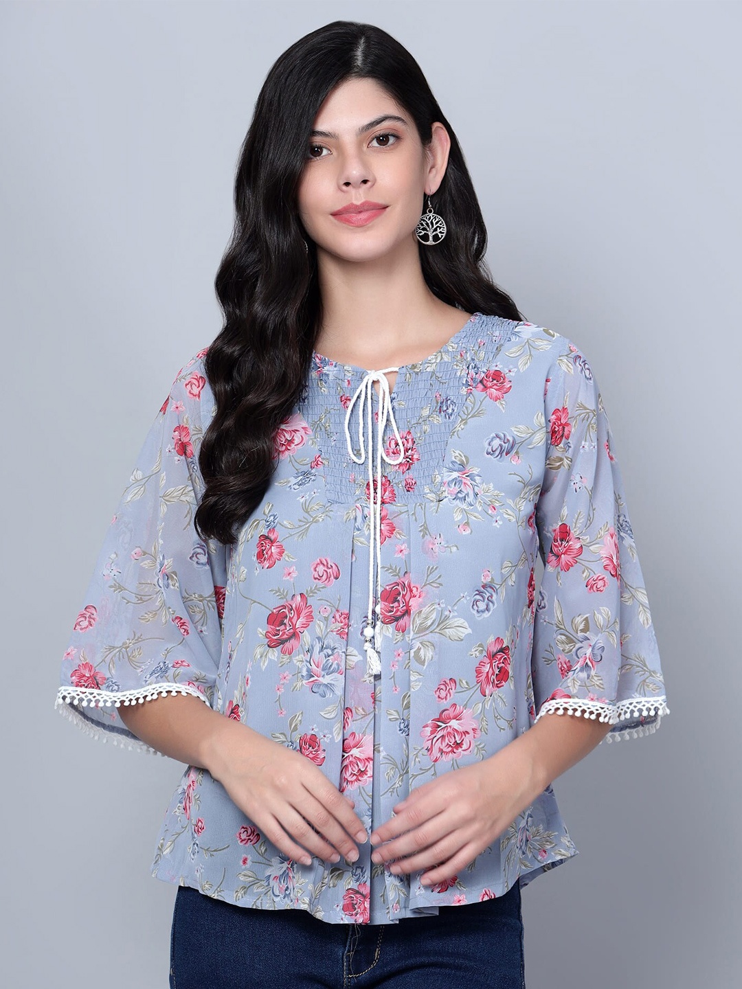 

SKY HEIGHTS Floral Printed Tie-Up Neck Smocked Flared Sleeves Georgette Top, Blue