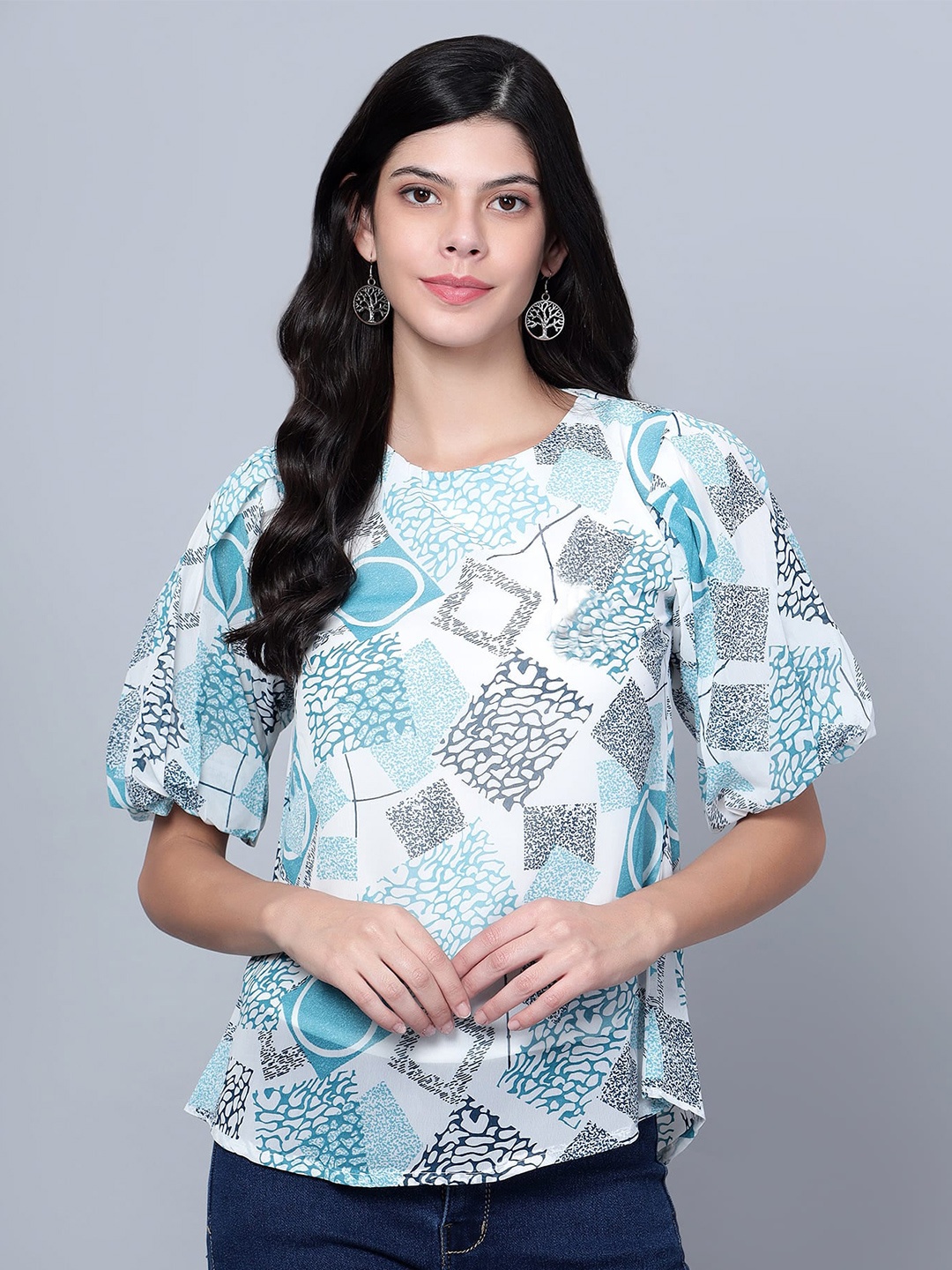 

SKY HEIGHTS Abstract Printed Puff Sleeves Georgette Top, Turquoise blue