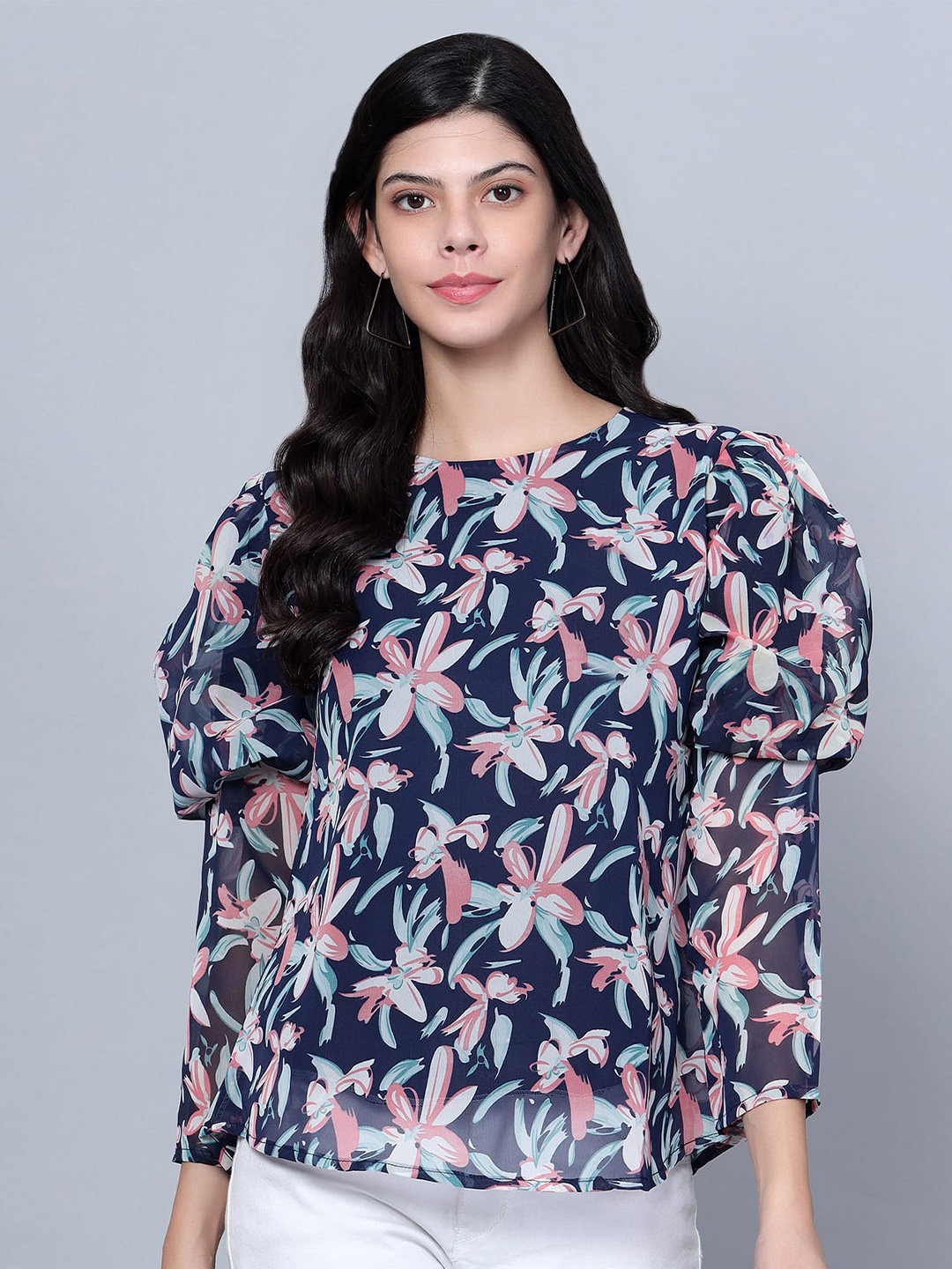 

SKY HEIGHTS Floral Printed Puff Sleeves Georgette Top, Blue