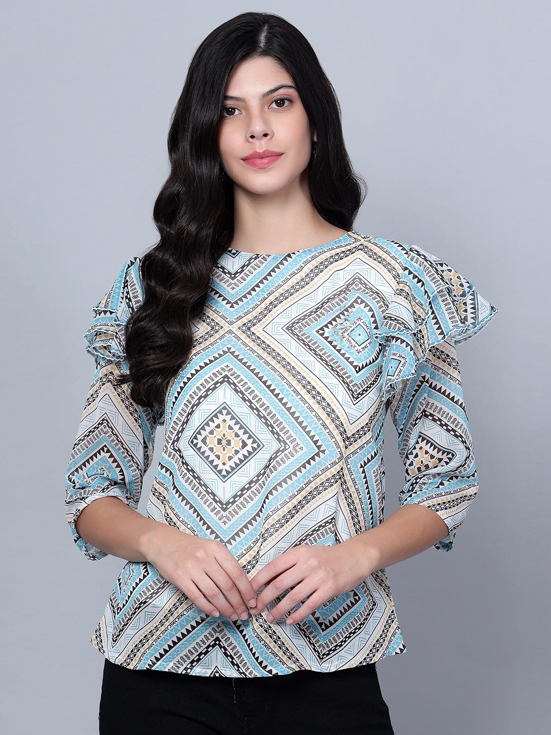 

SKY HEIGHTS Geometric Printed Ruffled Georgette Top, Blue