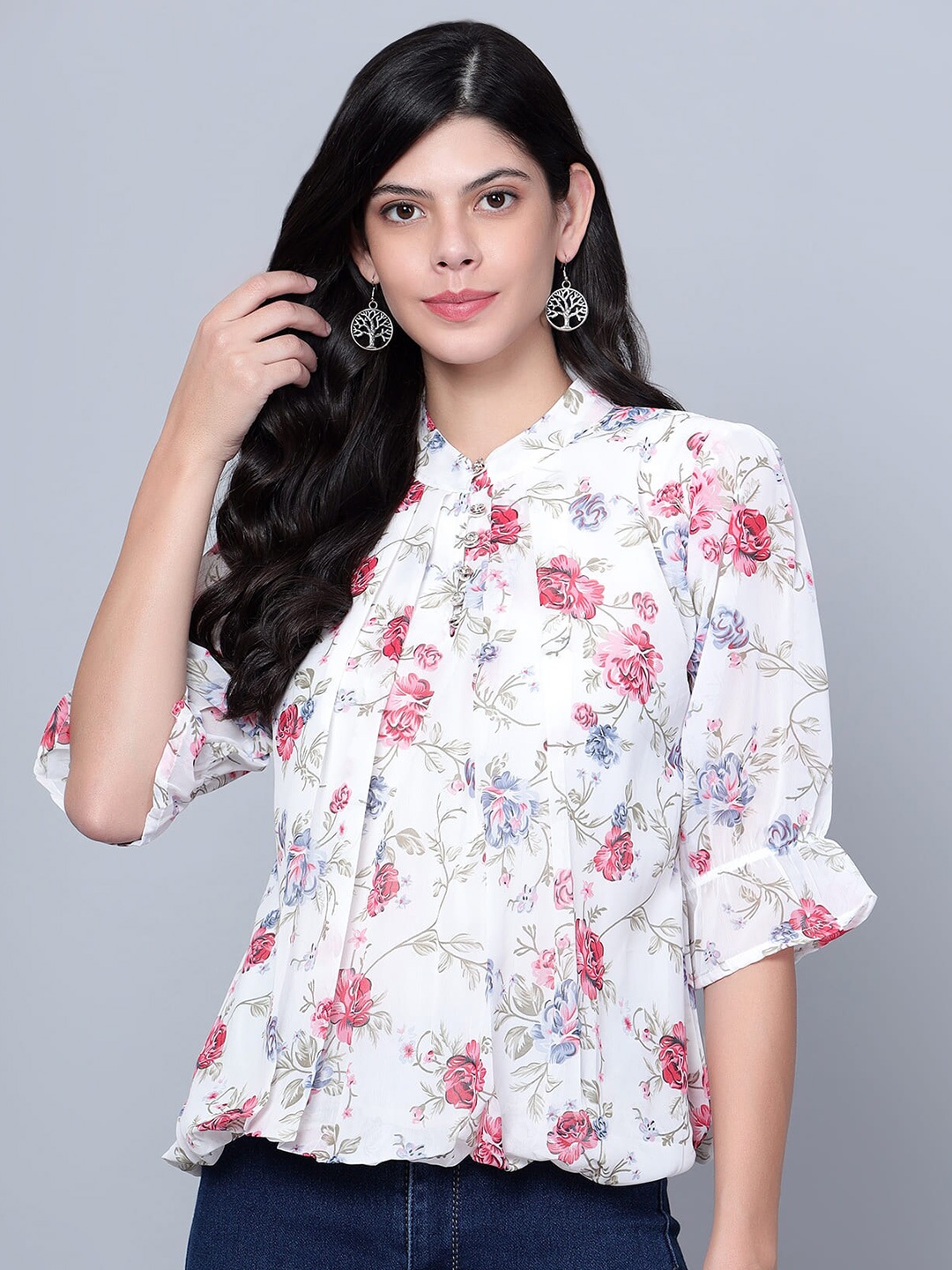 

SKY HEIGHTS Floral Printed Mandarin Collar Puff Sleeves Georgette Blouson Top, White