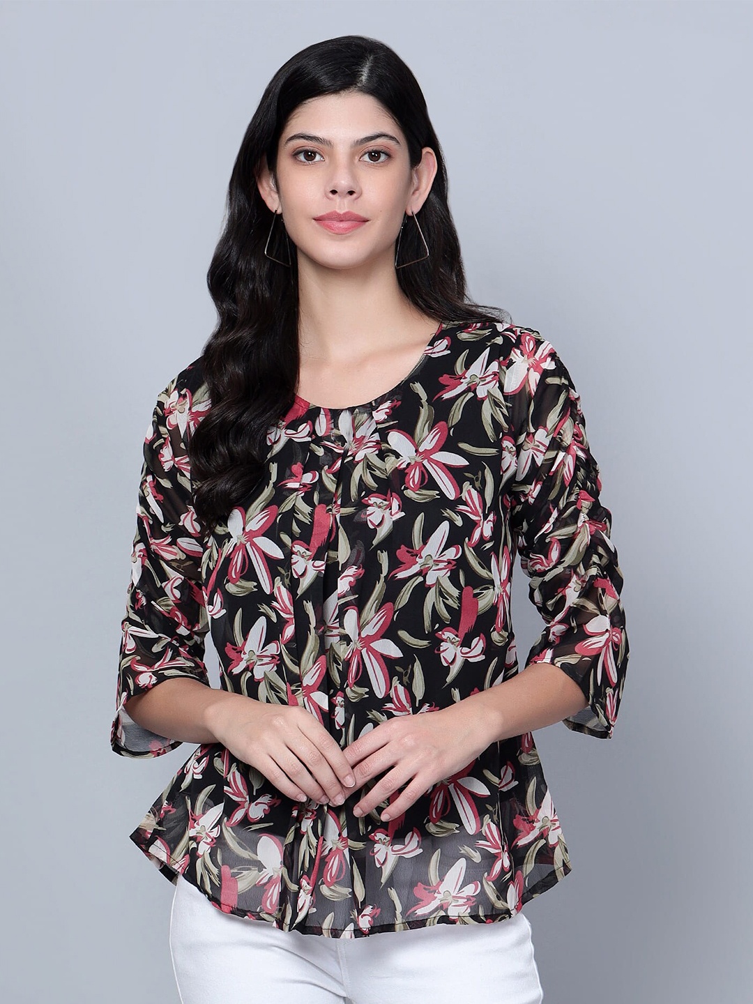 

SKY HEIGHTS Floral Printed Pleated Georgette Top, Black