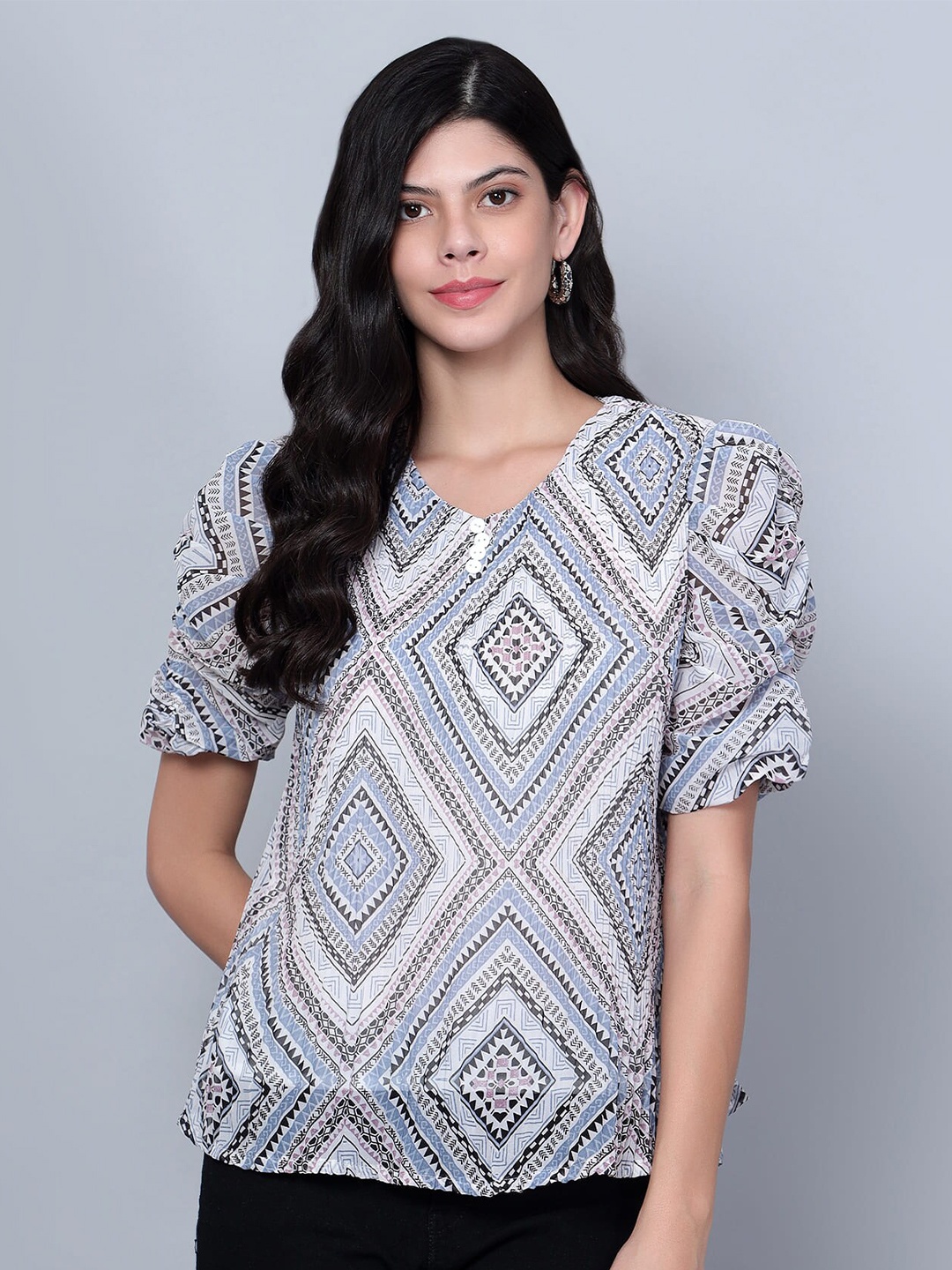 

SKY HEIGHTS Geometric Printed Puff Sleeves Georgette Top, Blue